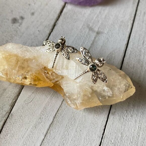 Dragonfly Filigree Rainbow Topaz Solid Sterling Earrings - Picture 3 of 6